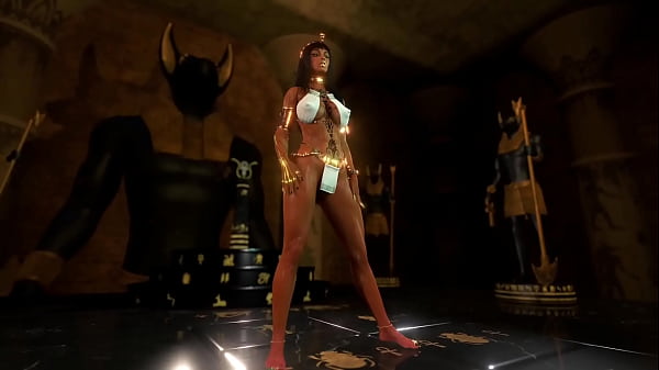 Gorgeous egyptian priestess propitiates the Anubis with depraved dances